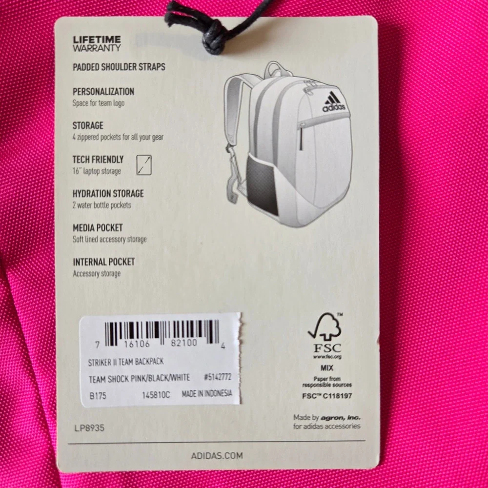 Adidas Striker II Team Backpack Shock Pink Black Laptop Bag 5142772 NWT